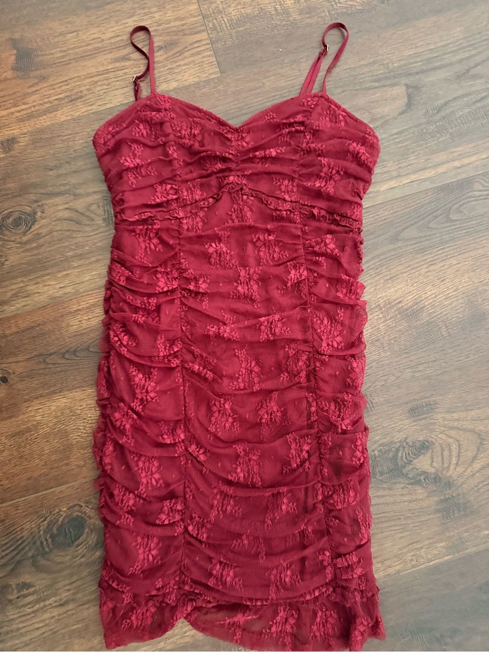 Burgundy Ruched Lace Slip Dress